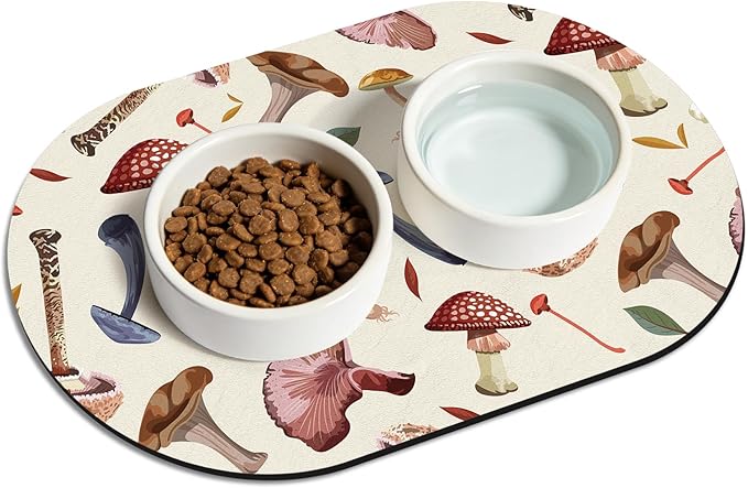 Dog Food Mat 20''x12'', Small Pet Feeding Mat, Non-Slip Rubber Pet Food Mat, Absorbent Cat Dog Water Bowl Mat for Messy Drinkers, Dogs Bowl Placemat for Food and Water, Mushroom