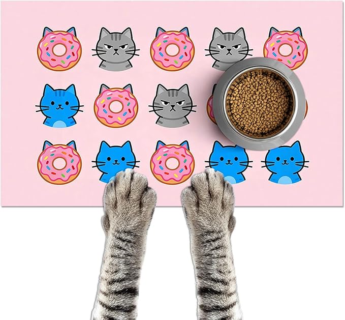 Cat Feeding Mat 24x16 inch Donut Cat Print Pet Bowl Placemat Non Slip Floor Mat for Food and Water Indoor Kitty Feeding Station Cute Meal Pad for Small Pets Kitchen Use