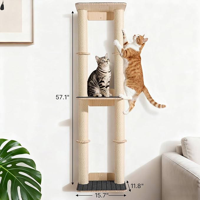 Veehoo Cat Wall Shelves, 57" Cat Wall Climber with Dual Sisal Scratching Posts and Carpeted Perch, Cats Wall Scratcher Furniture for Climb, Play and Rest
