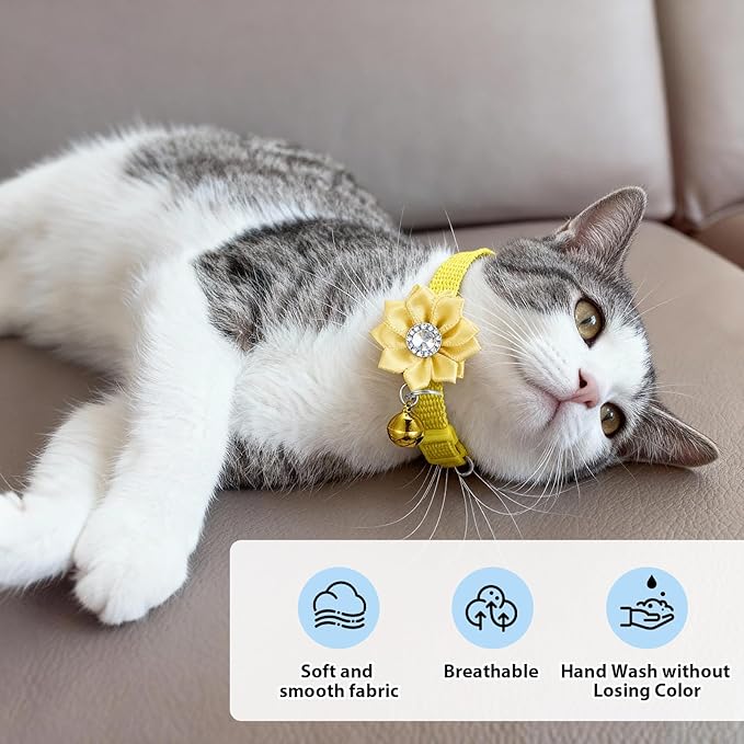 6 PCS Cute Cat Collar Breakaway with Bell, Adjustable Flower Girl Cat Collars, Rhinestone Kitten Collar Breakaway with Bells, Solid Color Cats Bell Collars, 6 Colors