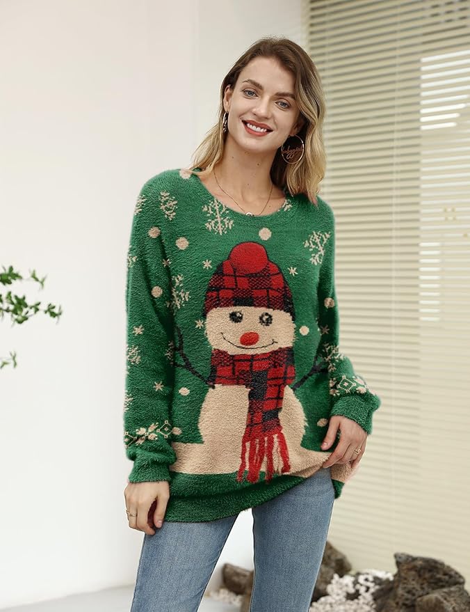 YESNO Women Christmas Sweater Graphic Printed Oversized Pullover Sweaters Casual Loose Knit Tops S01