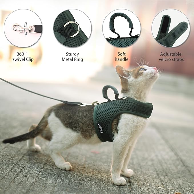 Kitty Harness and Leash for Walking Escape Proof Breathable Mesh Fabric, Solid Green, Small, Adjustable Cat Walking Jackets with Handle, Padded Stylish Cat Vest