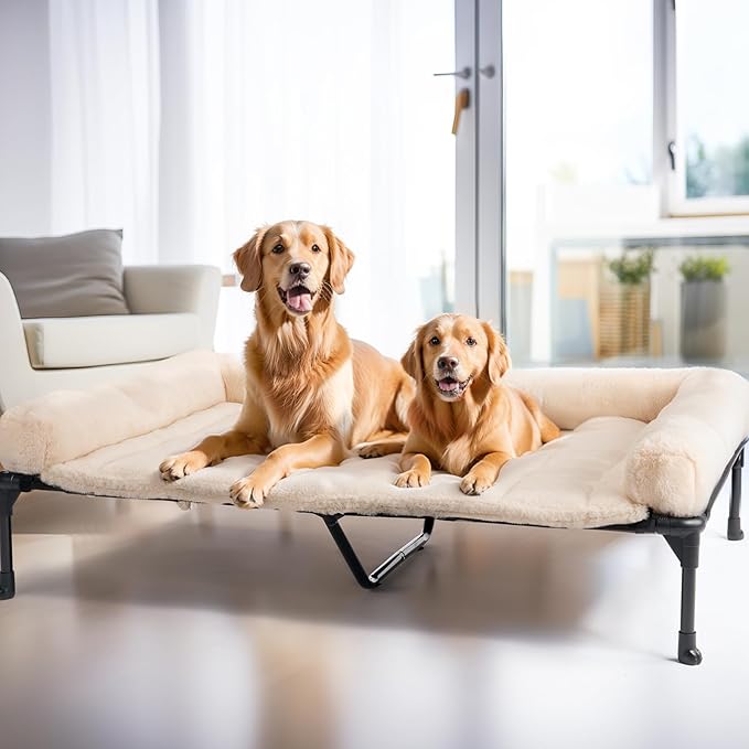 Veehoo Orthopedic Elevated Dog Bed + Removable Fluffy Pillow-Top Mat, Plush Raised Dog Bed with Bolster, Breathable Mesh, No-Slip Feet, Dog Sofa Bed for Indoor & Outdoor, 59"x37.5", XXLarge, CWC2331E