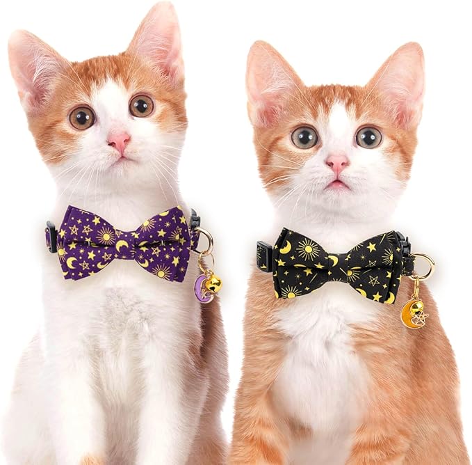 2 Pack Cotton Cat Collar with Bow Tie and Bell for Girl Boy Cats,Cute Pink Flamingo and Blue Whale Pattern Spring Summer Breakaway Cat Collar for Male Female Cats (Moon)