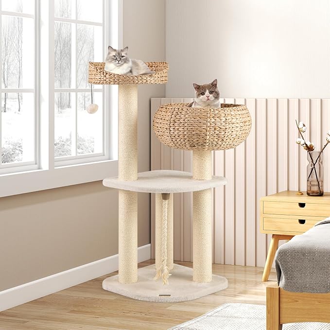 PETSITE 41 Inch Modern Cat Tree for Indoor Cats, Multi-Level Cute Cat Tree with Scratching Posts, Hand-Made Wicker Cat Condo & Top Perch, Dangling Ball, and Sisal Rope, Beige