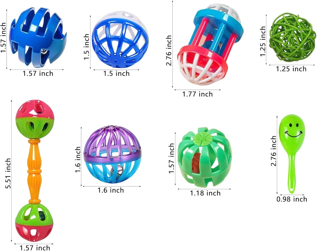 22-Pack Bird Toys for Parakeets & Small Birds – Colorful Cage Fun with Bells & Rattan Balls (1.6'' - 5.5'')