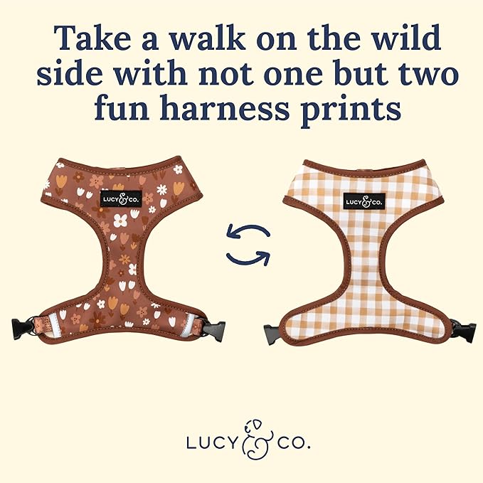 Lucy & Co. Cute Reversible Dog Harness Walking Halter - Best Designer Pet Harnesses for XS - XL Dogs - Padded Adjustable Vest for Easy Walking (Large, Chocolate Meadows - Brown & White Floral)