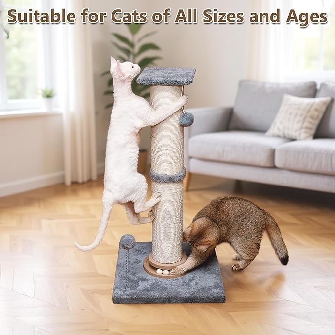 Fantasreen Cat Scratching Post 33 Inches Large and Thick, Cat Scratcher Post Sisal Rope with Hanging Ball, Playground for Indoor Cats and Adult, Grey