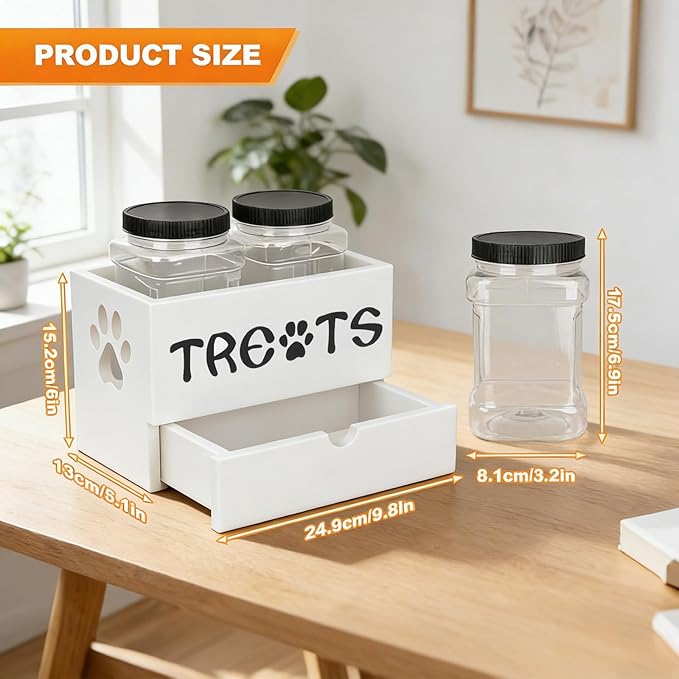 Dog Treat Jar for Countertop, 9.8 * 5.1 * 6'' 2 Layer Dog Treat Container with Drawer 2Jars and Sticker Wooden Pet Food Organizer Storage Basket For Pets Great Gift for Pets' Owners (White)