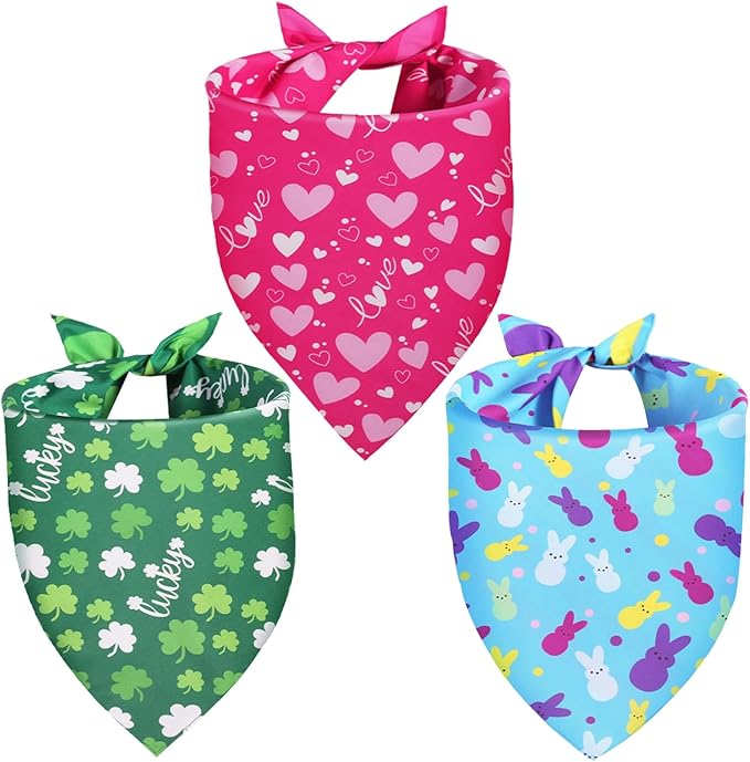 Valentines Dog Bandana St Patricks Day and Easter Dog Bandana Small 3PCS, Colorful Scarf for Boy and Girl, Triangle Reversible Bibs.