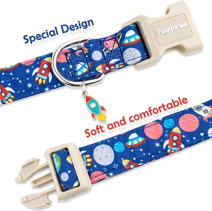 Faygarsle Space Theme Dog Collar, Navy Blue with Rockets and Planets Pattern for Summer Small Medium Large Dogs XS