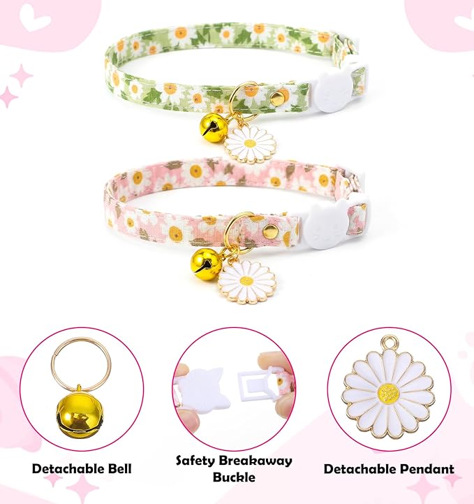 2 Pack Cat Collar Breakaway, Daisy Collar for Girl Cats, Adjustable Breakaway Cat Collars with Bell, Cute Floral Design Perfect for Female Kitten, 7.5-11 Inch, Pink & Green