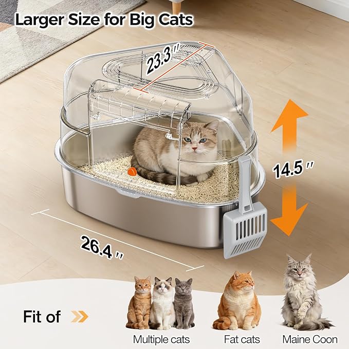 XL Stainless Steel Corner Cat Litter Box with Lid - Sturdy, No Odor & Space-Saving Hidden Design for Large Cats, Grey