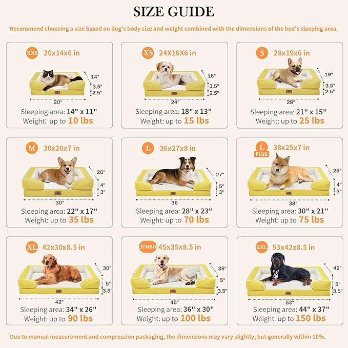 Comfort Expression Orthopedic Dog Bed for Extra Large Dogs 42x30 Inch, Waterproof Egg Crate Foam XL Pet Bed with Removable Bolsters, Dog Couch with Washable Cover & Non-Slip Bottom, Spicy Mustard