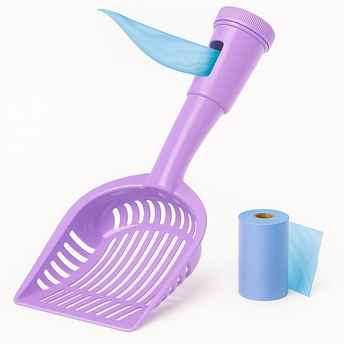 2-in-1 Pooper Scooper with Bag Attachment, Cat Litter Shovel Scoop with Bag, Built-in Dispenser, Includes Trash Roll, Rinse-Clean, Anti-Stick, Smart Sifter, Long Handle (Lilac)