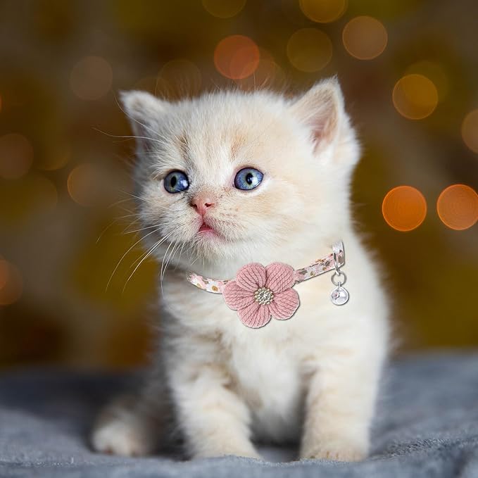 Cat Collars Breakaway Cat Collar with Bells, Rhinestone Flower Kitten Collars with Bell, Floral Pet Collar and Safety Buckle for Cats and Puppy Dog, 7.09-11.81inch (Pink)