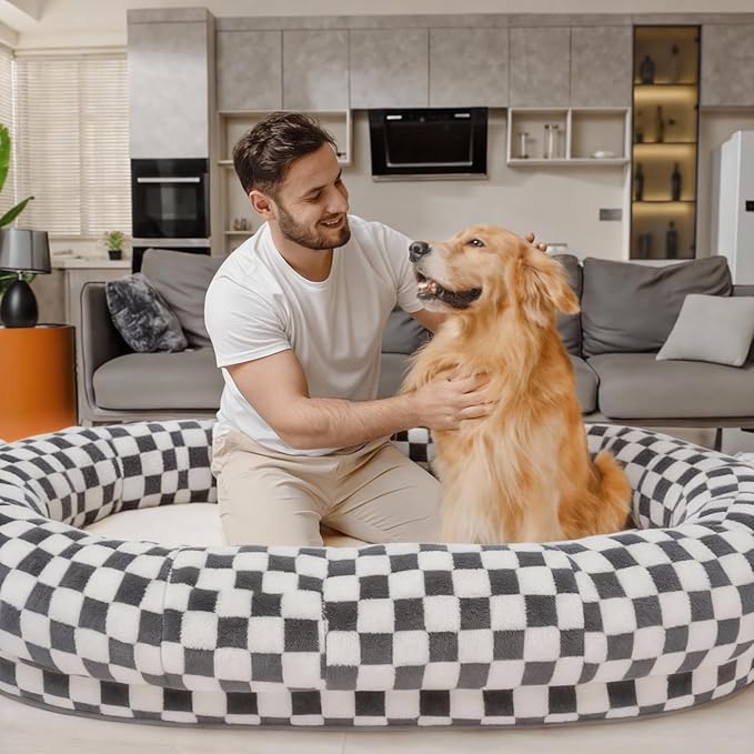 Human Dog Bed for Adults and Pets, 74"x50"x12" Plush Shared Bed, Waterproof & Machine Washable, Durable Anti-Slip Base with Portable Handle & Storage Pockets for Indoor Use, Dark Grey Grid