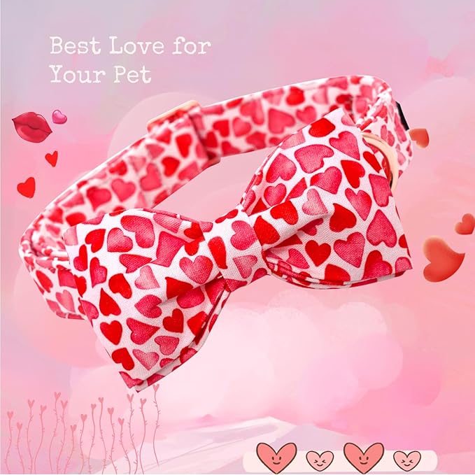 Lionheart glory Dog Collar with Bowtie Valentine's Day Dog Collar for Small Dogs, Hearts Pattern, Handmade Bow, Unique Design, Cotton Material, Adjustable Size, Perfect for Small Dogs