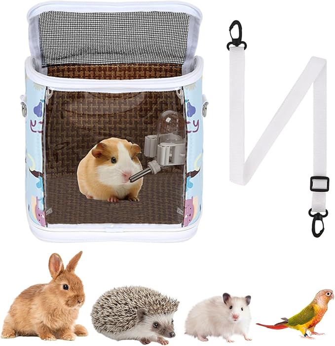 Guinea Pig Carrier with Water Feeder, Small Animal Hamster Carry Pouch with Ventilated Design and Clear Window, Chinchilla Travel Carrier for Bird Parrot Guinea Pigs Pet Transportation