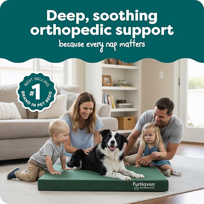 Furhaven Water-Resistant Orthopedic Dog Bed for Large/Medium Dogs w/ Removable Washable Cover, For Dogs Up to 55 lbs - Indoor/Outdoor Logo Print Oxford Polycanvas Mattress - Forest, Large