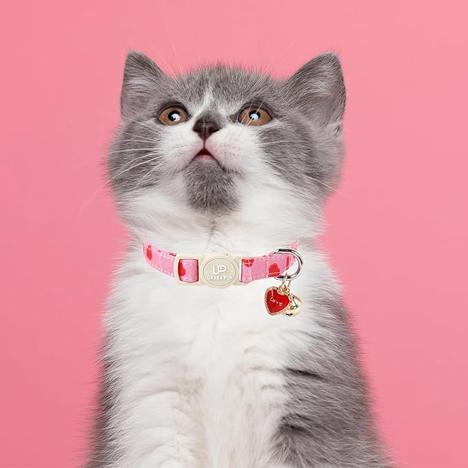 Cat Collar, 2 Pack Cat Collars-Cute Breakaway Cat Collar with Bell & Pendant, Valentine's Day Kitten Collars Pink Hearts with Safety Buckle for Girl and Boy Cats, 7-12Inch