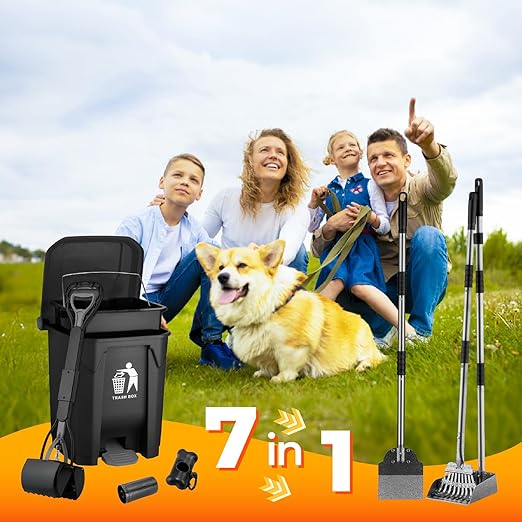 30L Dog Poop Trash Can Outside with Pooper Scooper, Inner Bucket, Stainless Steel Dustpan, Rake & Shovel, Waste Bags for Dog Poop Disposal