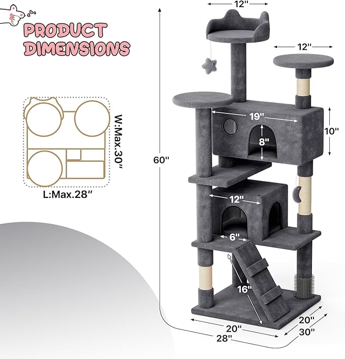 MoNiBloom 60 Inch Cat Tree Tower for Indoor Cats Large Adults, Cat Tower with Scratching Post, Multi-Level Furniture Activity Center with Cat Condo Pet Play House, Smoky Grey