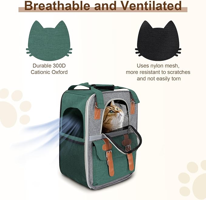 Cat Carrier Backpack, Airline Approved Mesh Dog Backpack with Breathable, Hiking, Travel, Camping, Pet Carriers Backpack for Large Cats and Small Dogs - Holds Pets up to 15 Lbs (Dark Green)