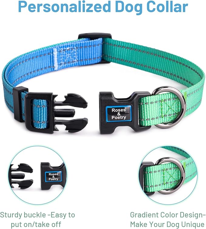 Roses&Poetry Small Dog Collar, Adjustable Personalized Durable Pet Collars for Small Medium Large Dogs (Bluegreen-S)