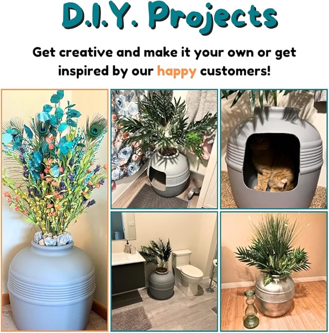 Good Pet Stuff Hidden Litter Box Planter, Decorative Cat Litter Enclosure with Carbon Filter, Artificial Plant, Easy Clean, Improved Design, Round Style, Base Kit, Pebble Gray