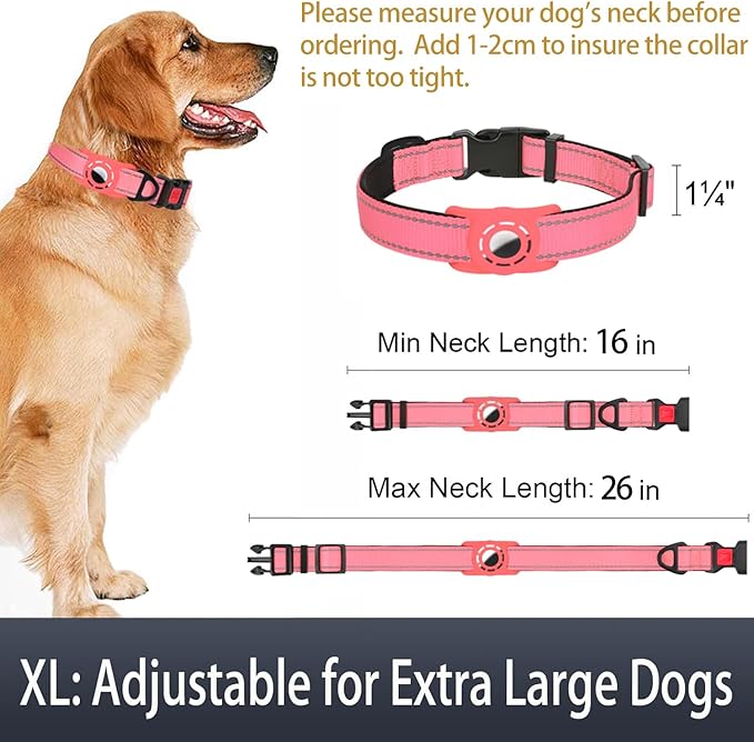 Airtag Dog Collar with AirTag Holder for Large Dogs, Reflective, Soft Padded & Safety Locking Buckle, Nylon Pet Collars Adjustable for All Breeds, Pink,XL