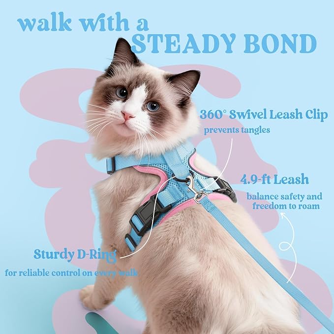 rabbitgoo Cat Harness and Leash for Walking, Escape Proof Soft Adjustable Vest Harnesses for Cats, Easy Control Breathable Reflective Strips Jacket, Light Blue&Pink, XS