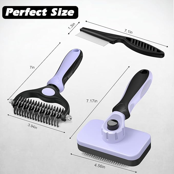 3PCS Self Cleaning Slicker Brush & Pet Grooming Rake & Flea Comb for Dogs,Cats and Horses | Double-Sided Dematting Comb & Skin Friendly Deshedding Grooming Tool | Pet Supplies(Light Purple Black)