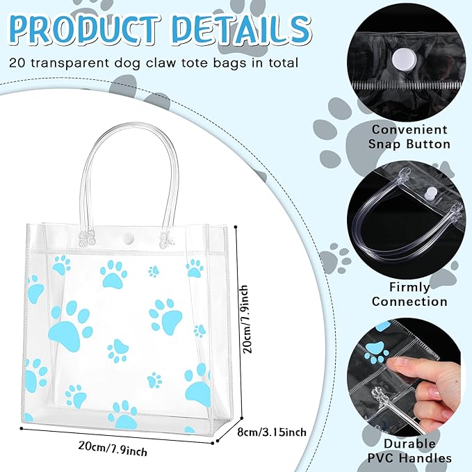 Teling 20 Packs Dog Paw Clear PVC Gift Bags with Handle Reusable Plastic Wrap Tote Bags Transparent for Puppy Pet Treat Party Favor Birthday Wedding Party, 8 x 8 x 3.15 Inch(Blue)
