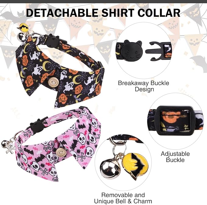 Halloween Cat Collar with Bells & Cute Pendant - Breakaway, Adjustable, 2-Pack Kitten Collar Safety for Female & Male Pets