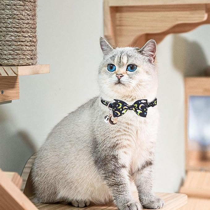 SCENEREAL Cat Collar Breakaway 3 Pack - Safety Kitten Collar with Bells Moons Stars Bowtie, Spring Summer Pet Accessory for for Girl Boy Male Outdoor and House Cats Kitty Adjustable 7''-12''