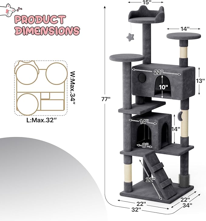 MoNiBloom 77 Inch Cat Tree Tower for Indoor Cats Large Adults, Tall Cat Tower with Scratching Post, Multi-Level Furniture Activity Center with Cat Condo Pet Play House, Smoky Grey