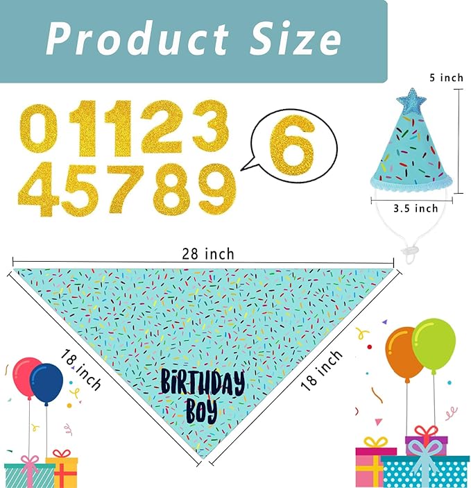 Dog Birthday Bandana Set, Light Blue Birthday Boy Decorations, HBD Party Supplies with Hat Bandana Numbers for Pets (Light Blue)