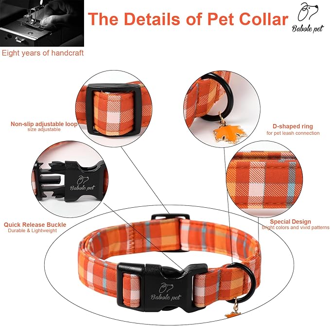 Fall Dog Collar Cute Orange Plaid Puppy Collar - Light Comfortable Adjustable Pet Collars for Small Medium Large Girl Boy Dogs L
