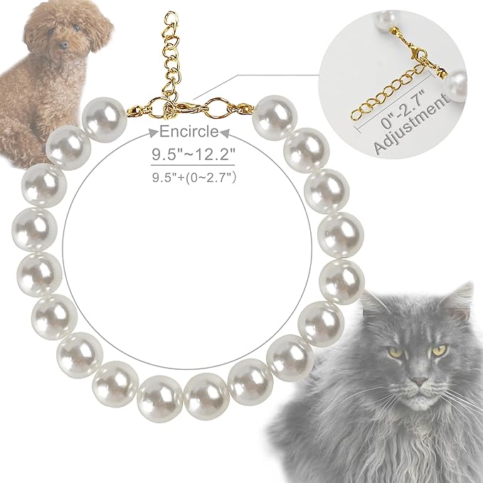 Chunky Pearl Dog Collar(0.55 Inch) for Small Dogs Cats, Adjustable Beaded Dog Collar Imitation White Pearls, Elegant Dog Jewelry Girl Accessories for XS Extra Small Dogs Necklace.