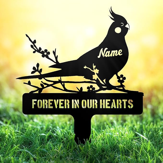 Personalized Cockatiel Memorial Stake – Custom Pet Parrot Bird Grave Marker Metal Tombstone, Outdoor Garden Sign, Cockatiel Remembrance Plaque for Graveside or Yard Sympathy Sign Decor, Pet Loss Gifts