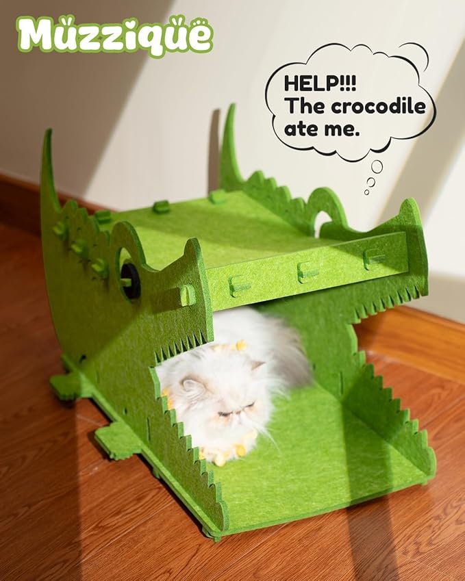 Cat Bed House, for 25 LBs Indoor Cats&Small Dogs, Large Cute Crocodile Felt Pet Perch, Insulated Washable Kitten Playhouse, Peekaboo Kitty Cave, Enclosed Puppy Nest, Multi Layer Bedside Cube Furniture