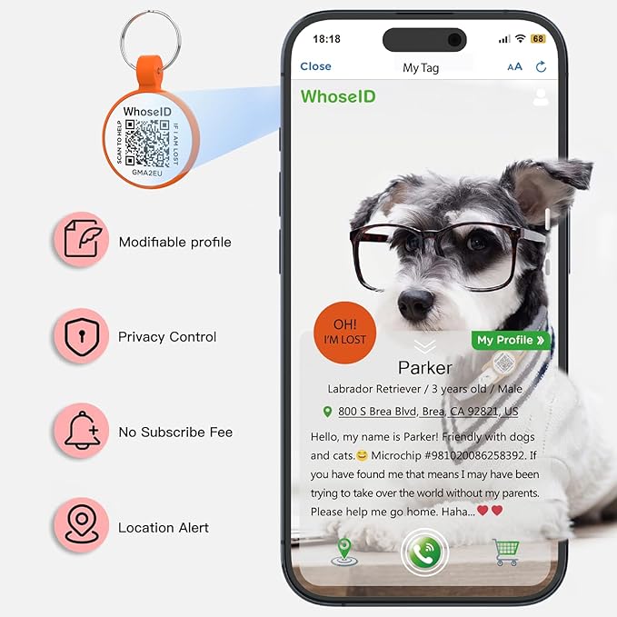 ESA Dog Tag, QR Code Dog Tag, Modifiable Free Pet Online Profile, Scannable QR Code, Scan QR Send Instant Location Alert Email, Silicone Lightweight ID Tag for Dog and Cat (Orange, Regular)