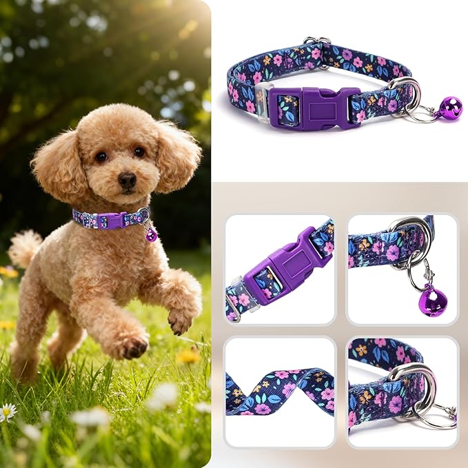 Cute Puppy Collar with Bell-Nylon Dog Collar for Small Breeds, Adjustable XXS XS Tiny Pet Little Dogs Girl Kitten Female Small Animal, for Puppies Purple Flowers X-Small