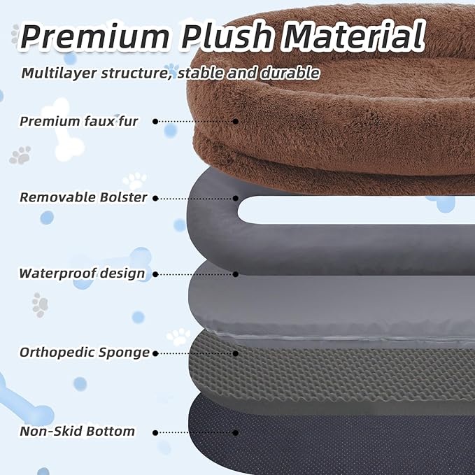 Human Dog Bed, 71''x45''x12'' Size Fits You and Pets, Washable Faux Fur Pet Bed for People Doze Off, Napping Orthopedic Dog Bed, Present Plump Pillow, Blanket, Strap - Coffee