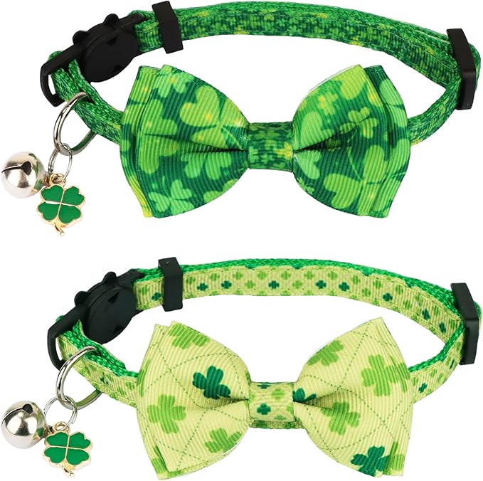 ADOGGYGO St. Patrick's Day Cat Collars with Bow Bell, Breakaway Cat Bowtie Collar Green Shamrock Pattern Saint Patrick Collars for Girl Boy Cats Kittens (St. Patrick's Day)