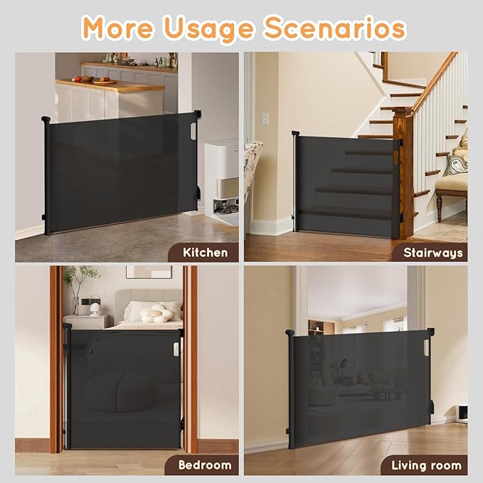 Retractable Baby Gate for Stairs, 55" Wide Mesh Pet Gate, Automatic Tension, One-Hand Operation, 38" Tall Baby Gates for Doorways, Hallways, Deck, Indoor Outdoor, Safe, Easy to Fit, Black