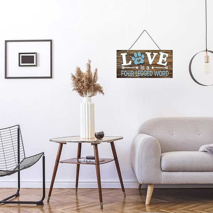 Dog Wall Decor Room Love Is a Four Legged Word Pet Paw Sign Dog Vintage Metal Hanging Decorative Signs Plaque Wall Decorative for Christmas Pet Lover Gifts Thanksgiving(10 x 5 Inch)