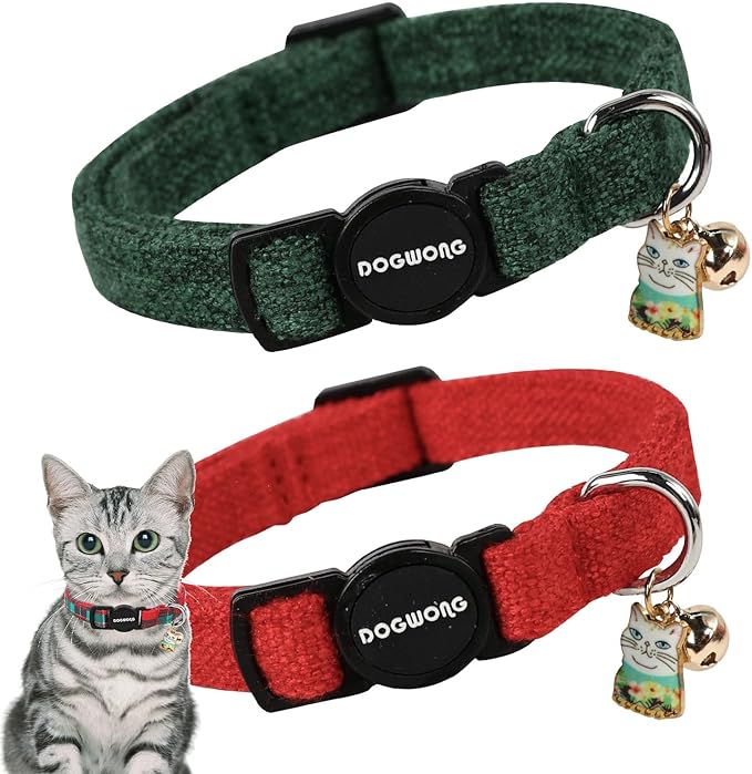 Cat Collar,2 Pack Holiday Cat Collars Breakaway with Bell, DOGWONG Safety Buckle Red Green Christmas Cat Collar for Girl Boy Cats and Small Dogs，Adjustable 7-12 Inch,Pet Supplies Accessories