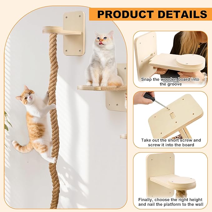 Cat Wall Shelves with 2 x 60 Inch Climbing Rope, Wall Mounted Cat Tree with Scratching Post Kitten Rope Ladder with Jumping Platform Wall Steps for Playing and Rest